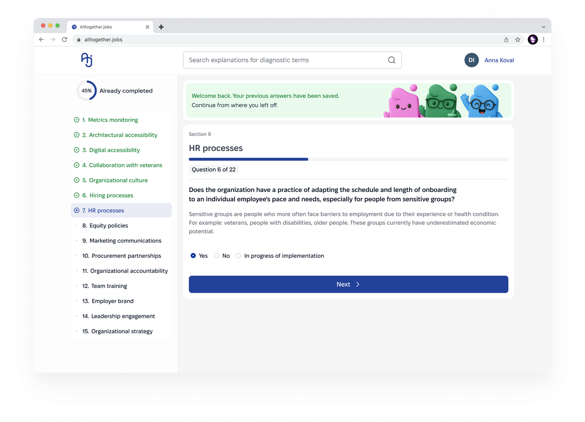 Modular audit body with sidebar, progress and welcome message