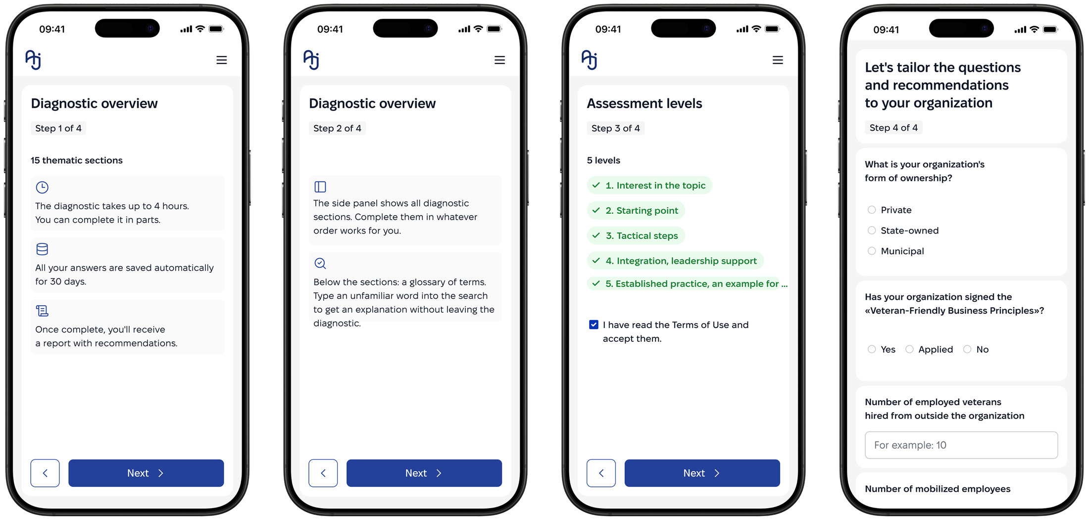 Onboarding flow: diagnostic overview, side panel and glossary explanation, assessment levels, and organization-tailoring questions — steps 1 to 4 of 4