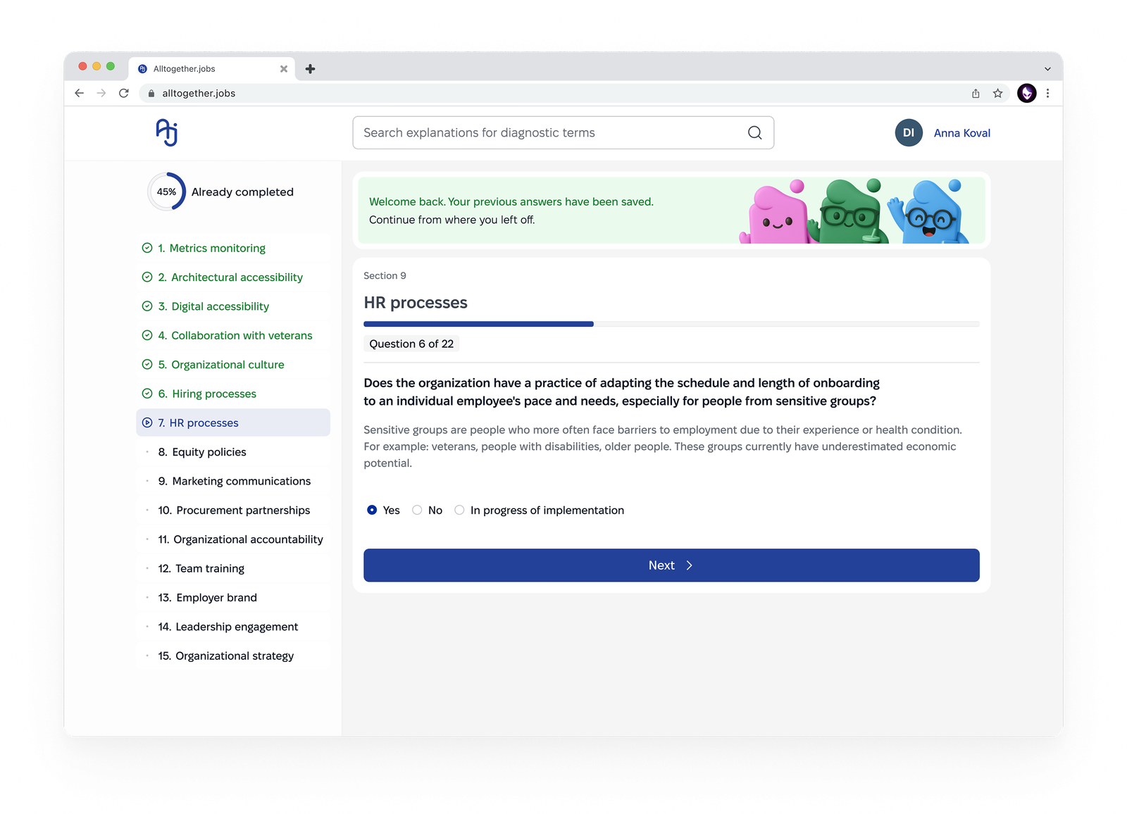 Audit body with sidebar, welcome message and section progress