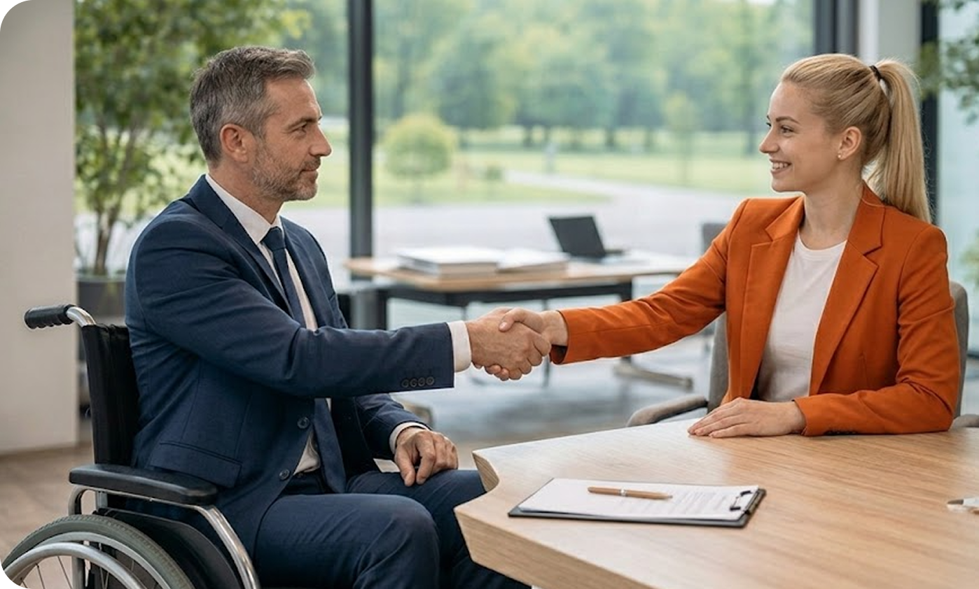 A veteran candidate in a wheelchair shaking hands with an employer