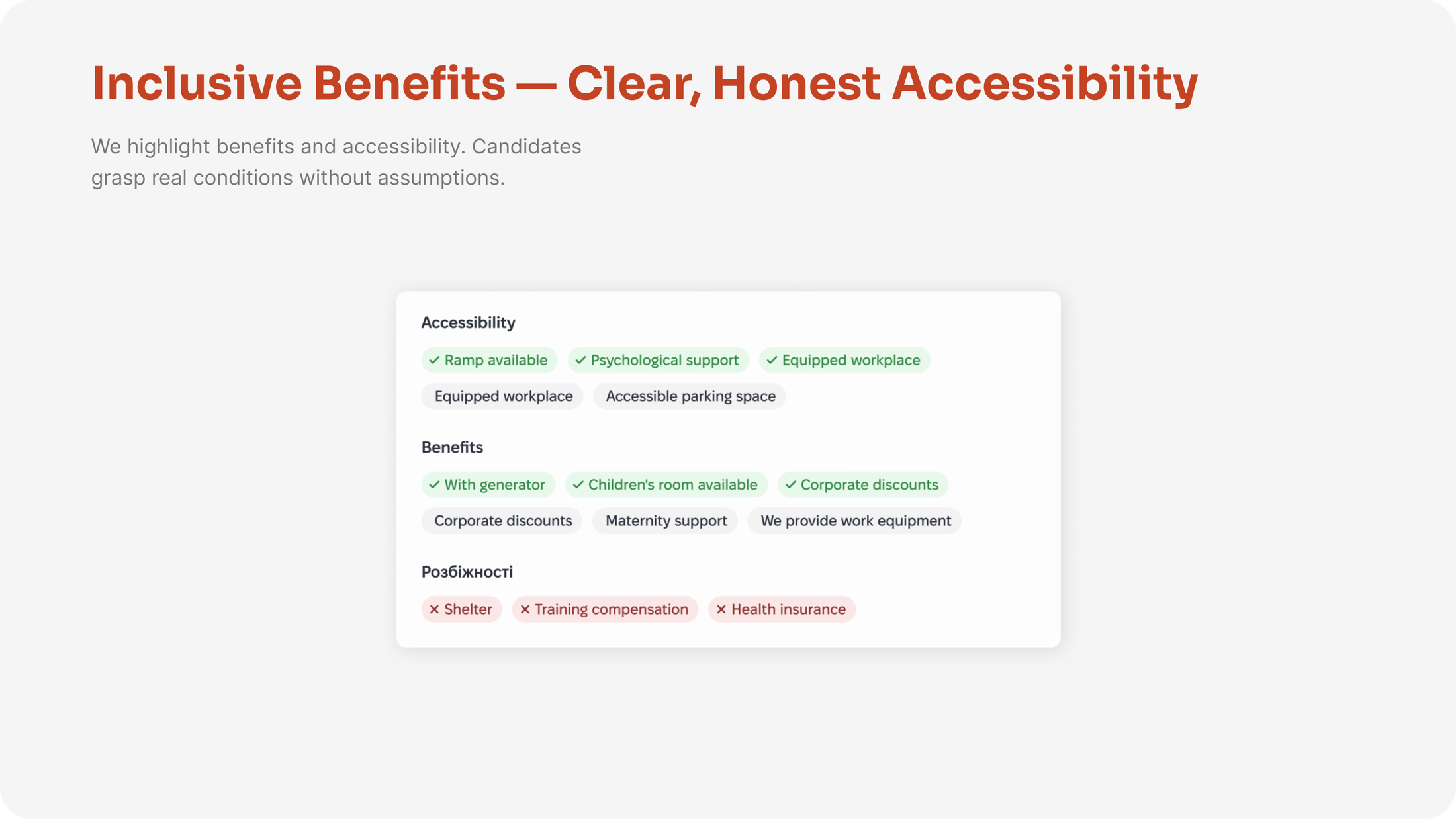 Inclusive benefits: accessibility and benefits tags shown clearly on a job card