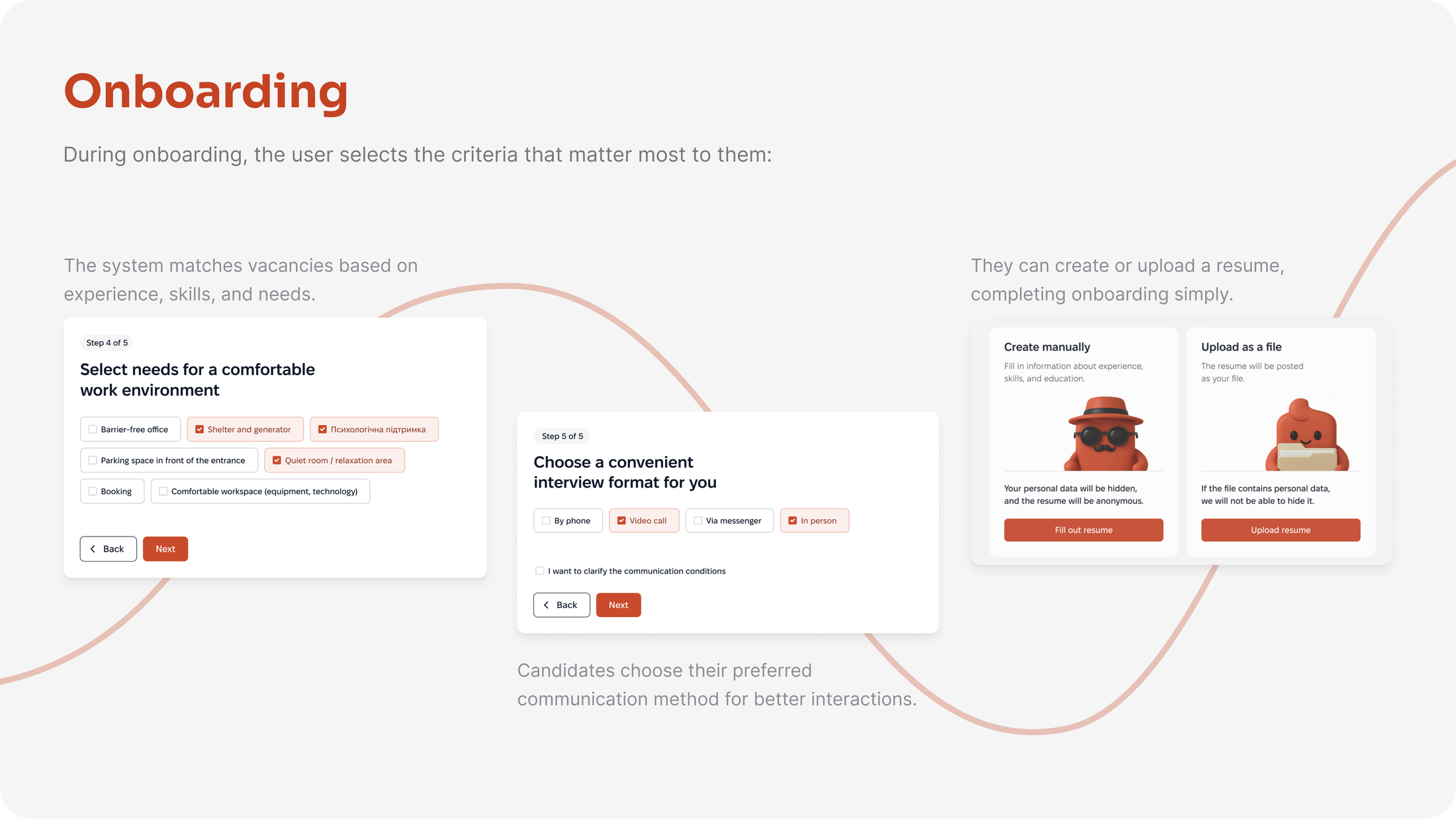 Onboarding: select needs for a comfortable work environment, choose interview format, create or upload a resume