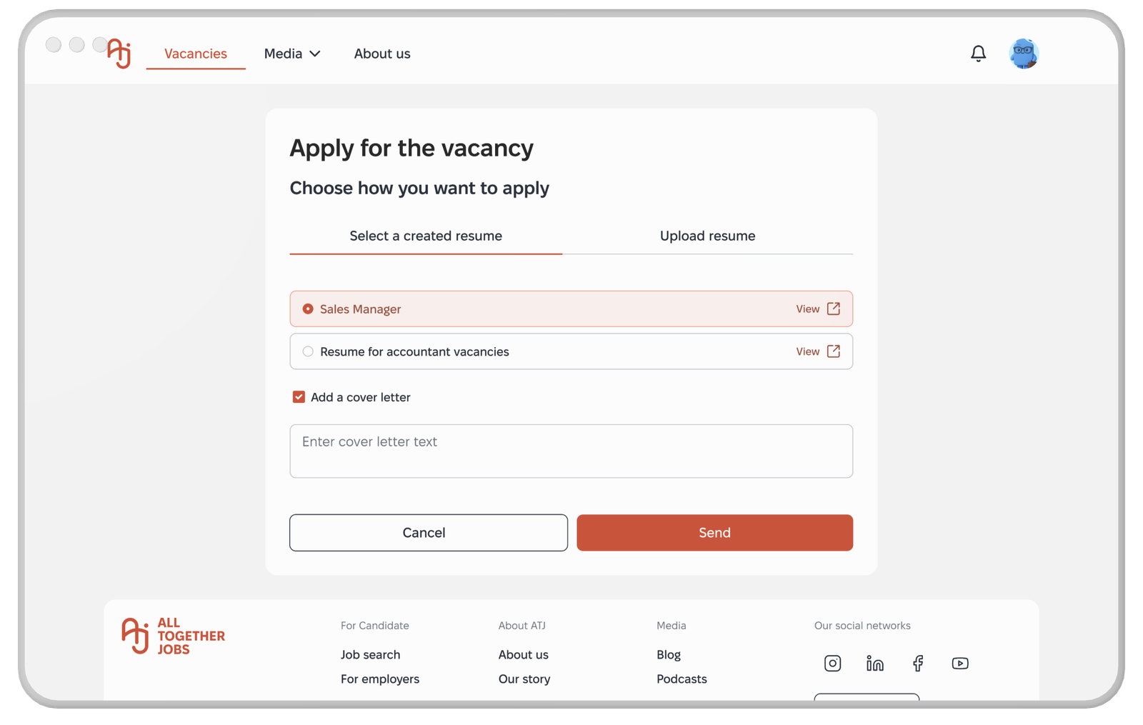 CV selector screen