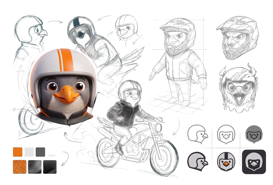 Ridi mascot, a falcon in a racing helmet