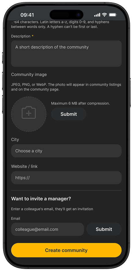 Create-community form with manager invite
