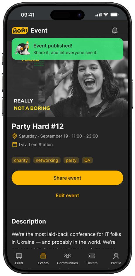 Published event page, organizer mode