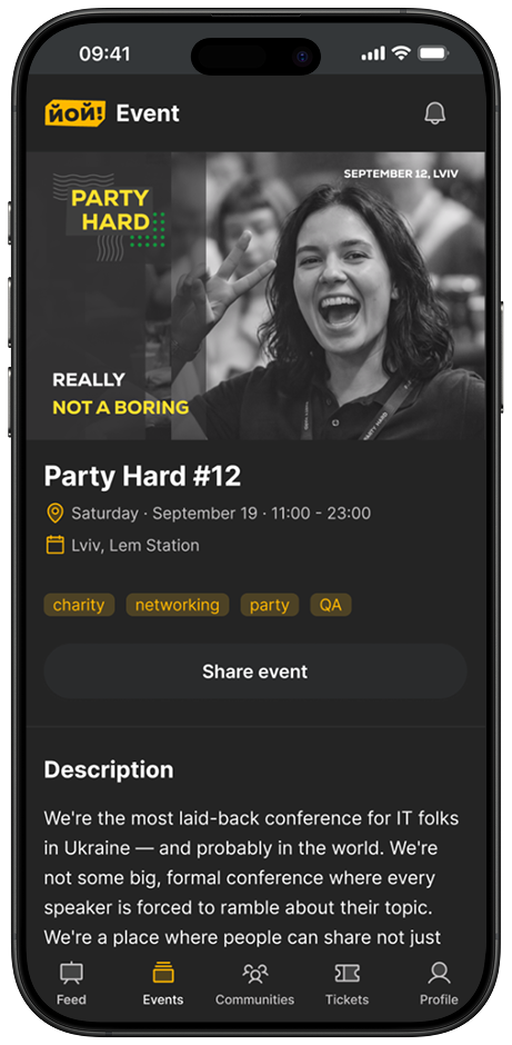 Published event page, attendee mode