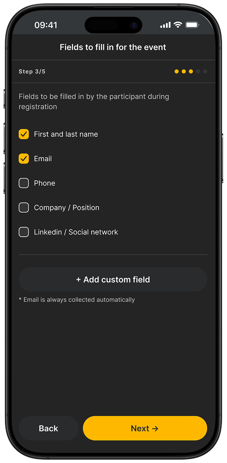 Optional fields selection screen